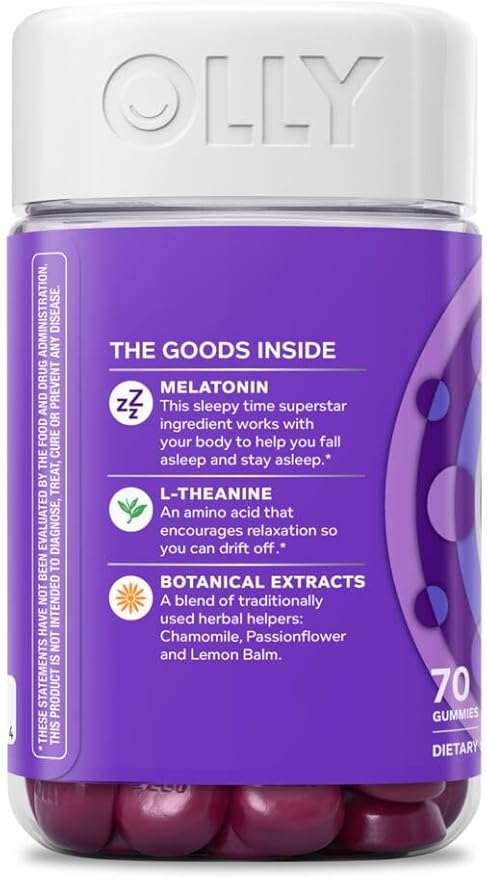 OLLY Sleep Gummy, 3mg Melatonin, L-Theanine, Chamomile, Lemon Balm, Sleep Aid, Occasional Sleep Support, BlackBerry, 90 Count