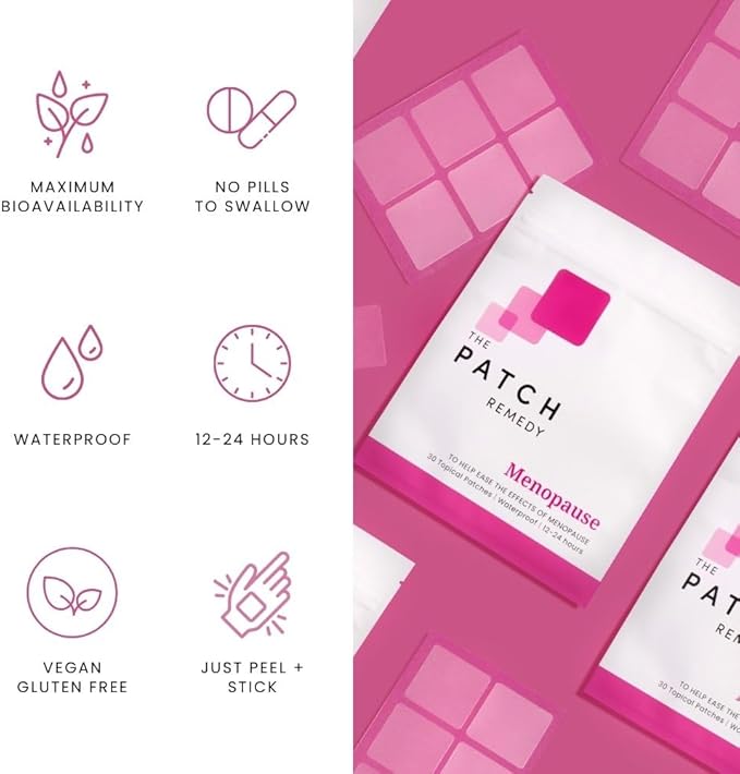 The Patch Remedy Menopause Patches - 30 Topical Menopause Relief for Women, Natural Hot Flash, Mood Support with Transdermal Gotu Kola, Damiana, Black Cohosh, Valerian, Skull Cap, Oat Seed, Ginger