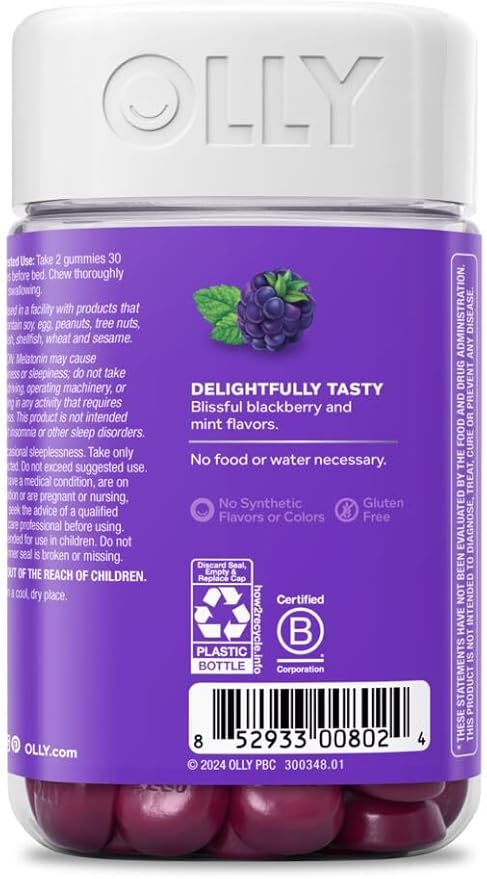 OLLY Sleep Gummy, 3mg Melatonin, L-Theanine, Chamomile, Lemon Balm, Sleep Aid, Occasional Sleep Support, BlackBerry, 90 Count