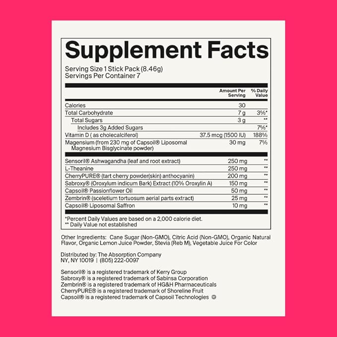 Calm Drink Mix - Relaxation Aid with Magnesium, Ashwagandha, L-Theanine, & Vitamin D - Supports Cortisol Regulation and Mood for Men & Women - Watermelon Lemonade Flavor 14 Sticks