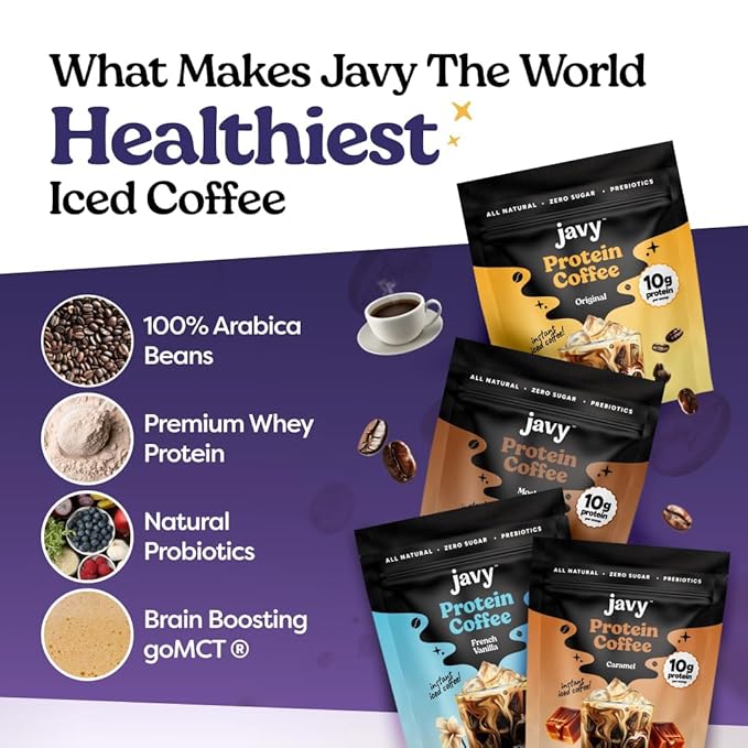 Javy Caramel Protein Coffee - Premium Whey Protein & Instant Iced Coffee - 100% Arabica Coffee - Zero Artificial Flavors & Sweeteners, 20 Servings
