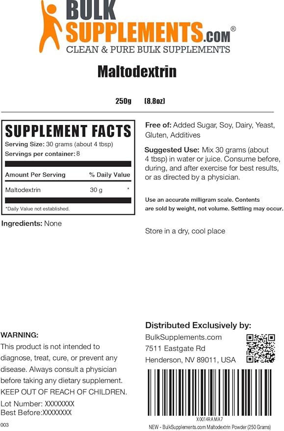 BulkSupplements.com Maltodextrin Powder - Maltodextrin Supplement for Energy Boost, Maltodextrin Food Grade - Unflavored & Gluten Free, 30g per Serving, 250g (8.8 oz) (Pack of 1)