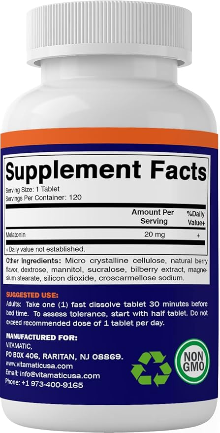 Vitamatic Melatonin 20mg Tablets | Vegetarian, Non-GMO, Gluten Free | HIGH Potency 20 MG | Natural Berry Flavor (1/2 Tablets = Melatonin 10mg) (120 Count (Pack of 6))