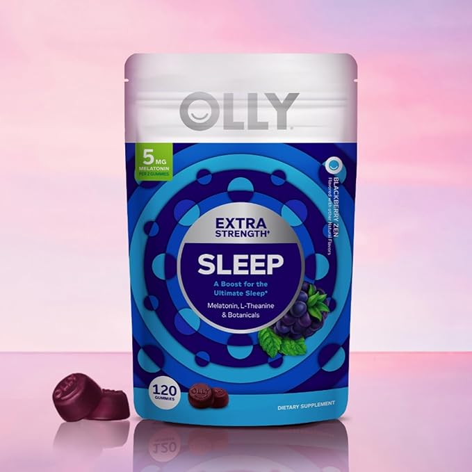 OLLY Extra Strength Sleep Gummy, Occasional Sleep Support, 5 mg Melatonin, L-Theanine, Chamomile, Lemon Balm Extracts, Sleep Aid, BlackBerry Flavor - 120 Count (Packaging May Vary)