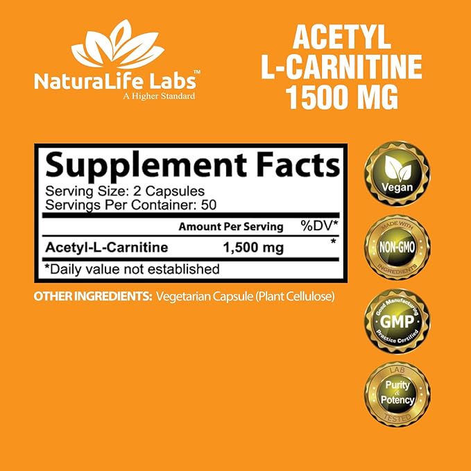 Acetyl L-Carnitine 1,500 mg High Potency Supports Energy Production, Sports Nutrition, Supports Memory/Focus - 100 Veggie Capsules