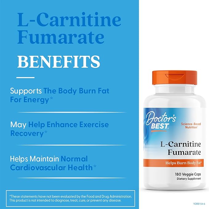 Doctor's BEST L-Carnitine Fumarate contains Biosint L-Carnitine Fumarate (500 Mg), Heart Health, Non GMO, Gluten-Free, Vegan, Soy-Free, 180 Veggie Caps