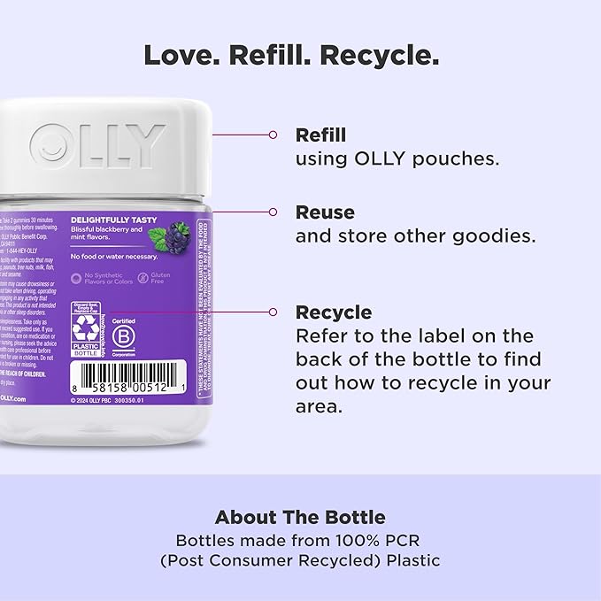 OLLY Sleep Gummy, Occasional Sleep Support, 3 mg Melatonin, L-Theanine, Chamomile, Lemon Balm, Sleep Aid, Blackberry, 50 Count