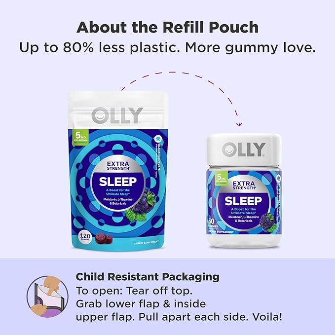 OLLY Extra Strength Sleep Gummy, Occasional Sleep Support, 5 mg Melatonin, L-Theanine, Chamomile, Lemon Balm Extracts, Sleep Aid, BlackBerry Flavor - 120 Count (Packaging May Vary)
