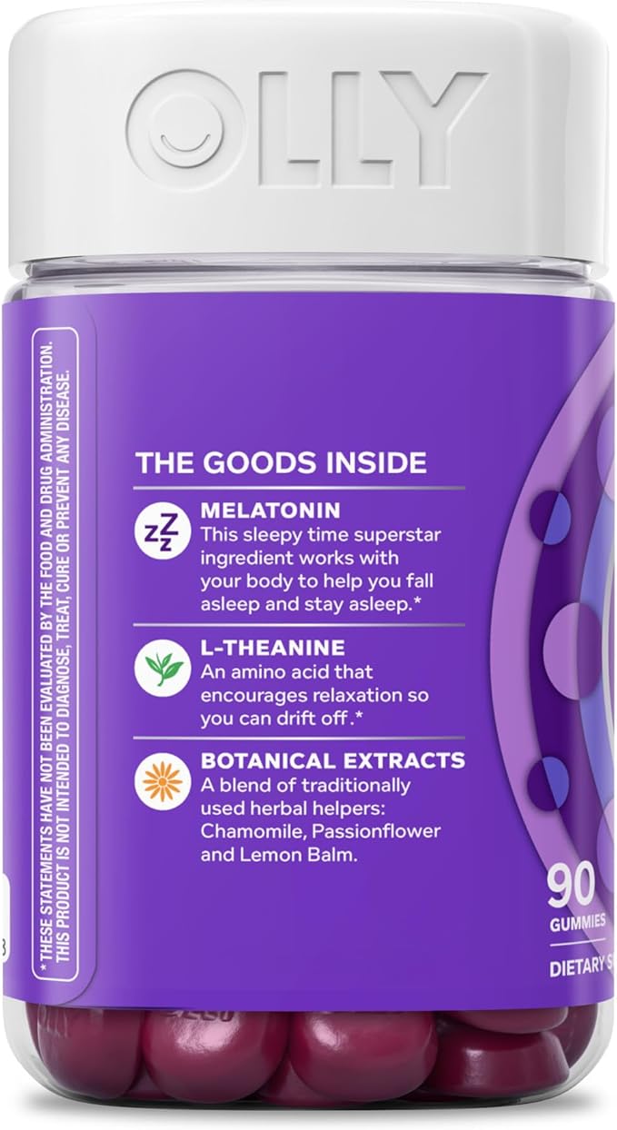 OLLY Sleep Gummy, 3mg Melatonin, L-Theanine, Chamomile, Lemon Balm, Sleep Aid, Occasional Sleep Support, BlackBerry, 90 Count