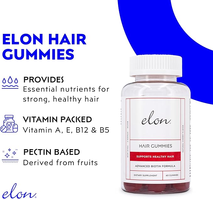 Elon Biotin Gummies (120 Count) – 5000 MCG Biotin Vitamins for Hair Skin and Nails - Cherry Biotin Chewable Vitamins to Nourish, Moisturize & Support Hair Growth – Hair Gummies for All Hair Types