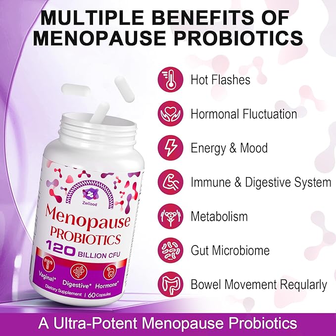 Menopause Supplements for Women, 120 Billion CFU Menopause Probiotics for Women, All-Natural Probiotic for Hot Flashes Menopause, Night Sweats, Mood Swings, Gut and Hormone - 60 Herbal Capsules
