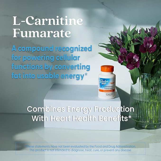 Doctor's BEST L-Carnitine Fumarate contains Biosint L-Carnitine Fumarate (500 Mg), Heart Health, Non GMO, Gluten-Free, Vegan, Soy-Free, 180 Veggie Caps