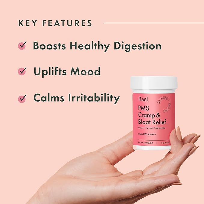 Rael PMS Supplement - Hormone Balance for Women, PMS Relief, Menstrual Cramps, Period Bloating, Mood Swings Treatment with Turmeric, Ginger, Magnesium, No NSAIDs, Vegan (28 Capsules)