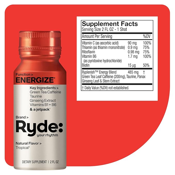 Ryde: Discovery Pack | Energize, Focus & Relax Shots | Green Tea Caffeine, Taurine, Ginseng, B Vitamins, L-Theanine, Lemon Balm, Chamomile | 0 Calories, 0 Sugar | Variety Pack – Try Them All (24 Pack)