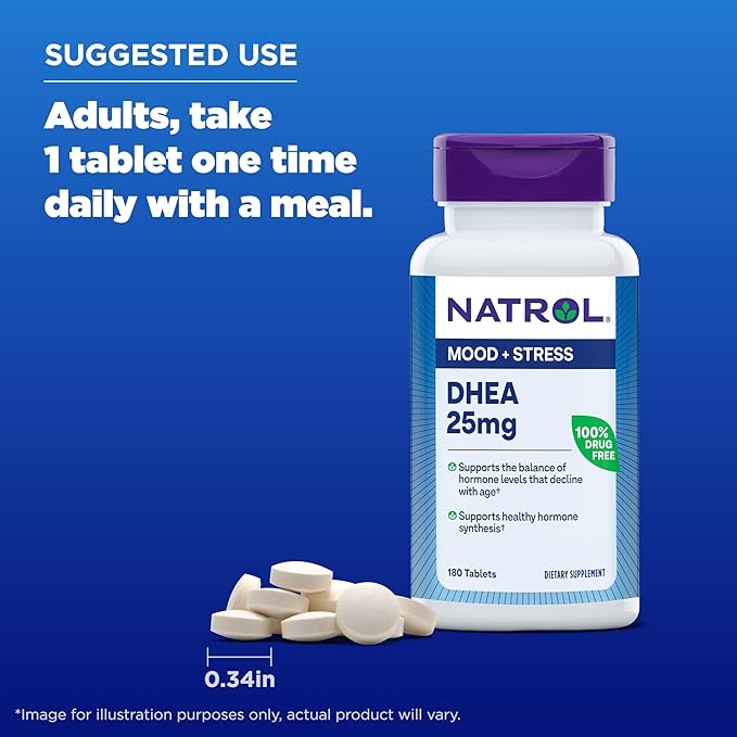 Natrol Mood & Stress DHEA 25mg With Calcium, Dietary Supplement for Balance of Certain Hormone Level and Mood Support, 180 Tablets, 180 Day Supply