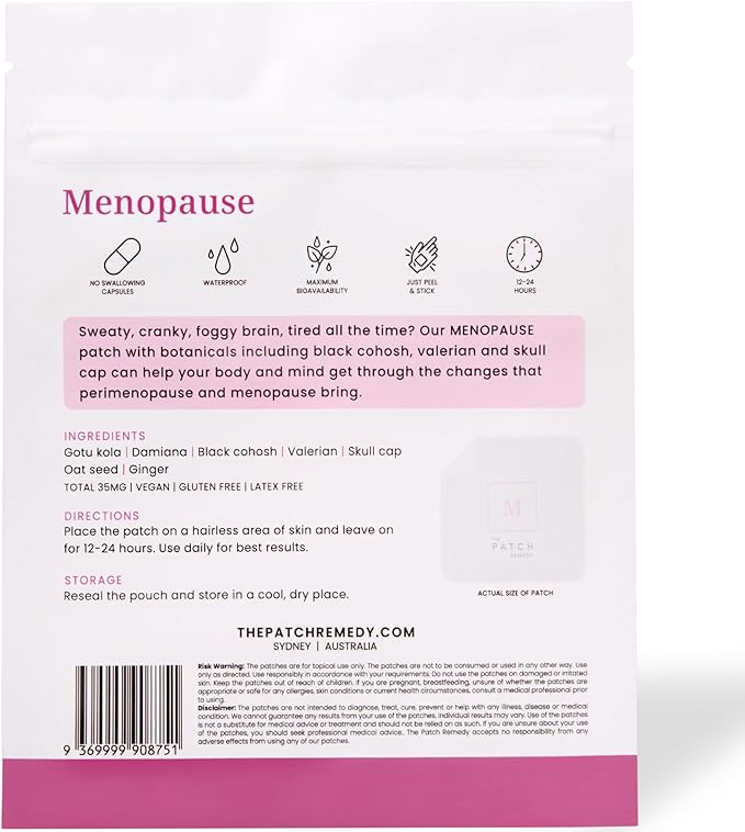 The Patch Remedy Menopause Patches - 30 Topical Menopause Relief for Women, Natural Hot Flash, Mood Support with Transdermal Gotu Kola, Damiana, Black Cohosh, Valerian, Skull Cap, Oat Seed, Ginger