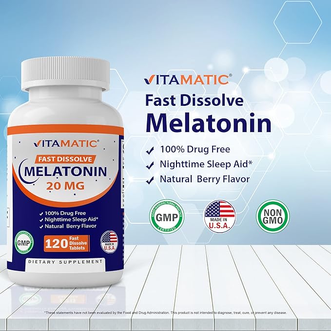Vitamatic Melatonin 20mg Tablets | Vegetarian, Non-GMO, Gluten Free | HIGH Potency 20 MG | Natural Berry Flavor (1/2 Tablets = Melatonin 10mg) (120 Count (Pack of 6))