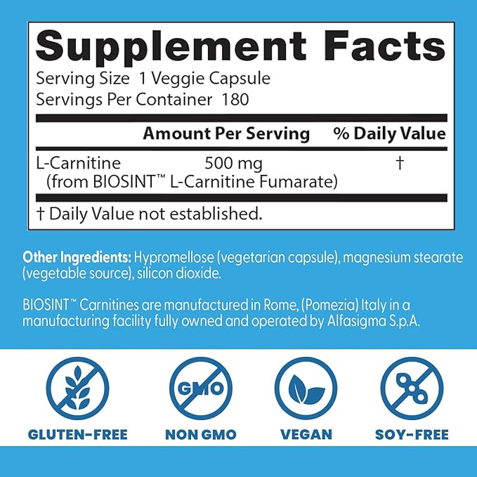 Doctor's BEST L-Carnitine Fumarate contains Biosint L-Carnitine Fumarate (500 Mg), Heart Health, Non GMO, Gluten-Free, Vegan, Soy-Free, 180 Veggie Caps