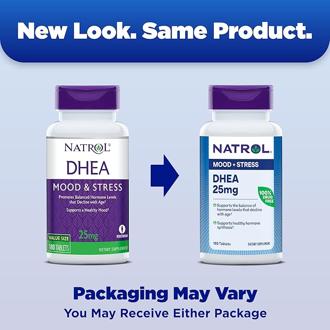 Natrol Mood & Stress DHEA 25mg With Calcium, Dietary Supplement for Balance of Certain Hormone Level and Mood Support, 180 Tablets, 180 Day Supply