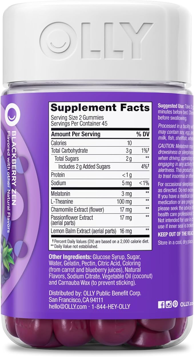OLLY Sleep Gummy, 3mg Melatonin, L-Theanine, Chamomile, Lemon Balm, Sleep Aid, Occasional Sleep Support, BlackBerry, 90 Count