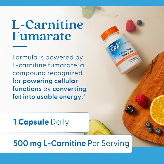 Doctor's BEST L-Carnitine Fumarate contains Biosint L-Carnitine Fumarate (500 Mg), Heart Health, Non GMO, Gluten-Free, Vegan, Soy-Free, 180 Veggie Caps