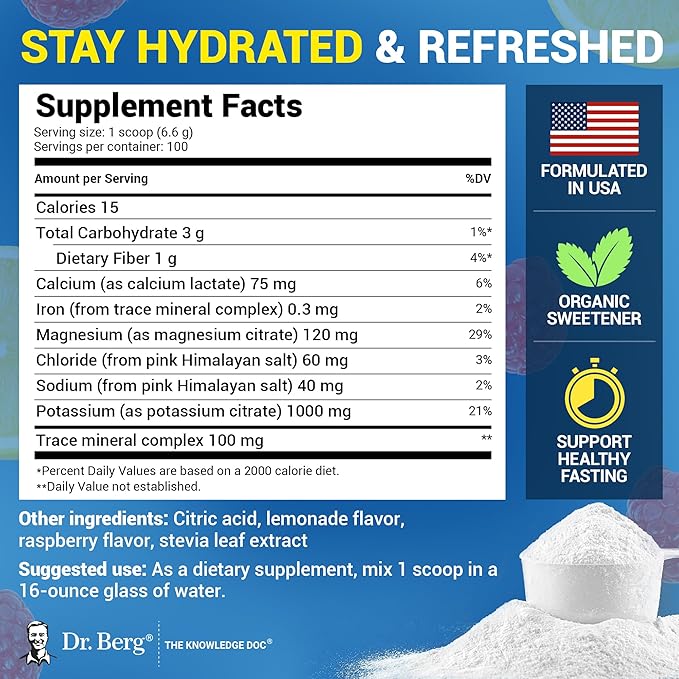 Dr. Berg Zero Sugar Hydration Keto Electrolyte Powder - Enhanced w/ 1000 mg of Potassium & Real Pink Himalayan Salt (NOT Table Salt) - Raspberry & Lemon Flavor Hydration Drink Supplement, 100 Servings