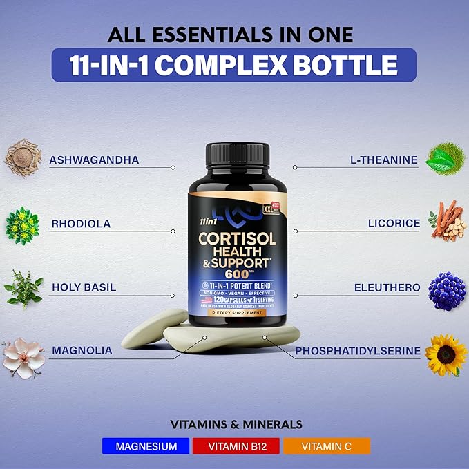 Cortisol Supplement - 11 in 1 Hormone Balance for Women - Made in USA Supplement - Mood, Focus, Sleep Support - Vegan, Non-GMO, Natural Pills - 120 Capsules