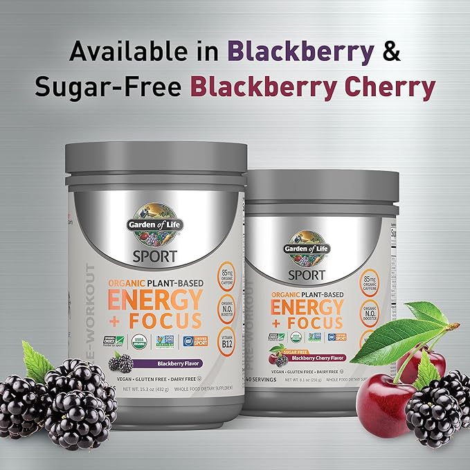 Garden of Life Sport Organic Plant Based Energy + Focus Clean Pre Workout Powder, with 85mg Caffeine, Natural No Booster, B12, Vegan, Gluten Free, Non-GMO, Blackberry, 15.3 Oz