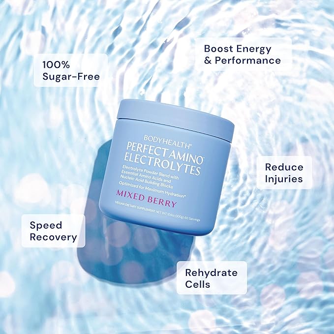 BodyHealth PerfectAmino Electrolytes Powder, Hydration Powder, Sugar Free Electrolyte Drink Mix, Keto Electrolytes Powder, Non GMO, Mixed Berry Flavor (60 Servings)