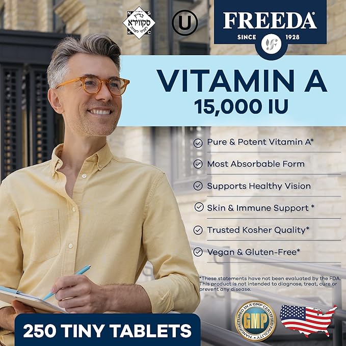 Freeda Kosher Vitamin A Palmitate - Retinyl Palmitate Pure Vitamin A 15,000 IU - Vitamin A Supplement to Support Eye, Vision & Immune Health - Vit A Vitamin Supplements - Vitamina A - 250 Tablets