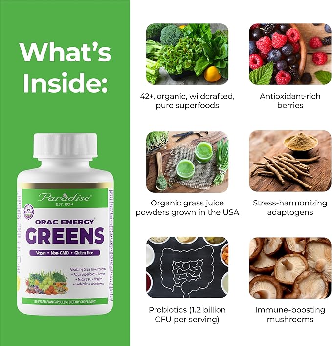 Paradise Herbs, ORAC Energy, Superfood Capsules, Includes Over 42 Organic & Wild-Crafted Ingredients, Probiotics & Enzymes, 120