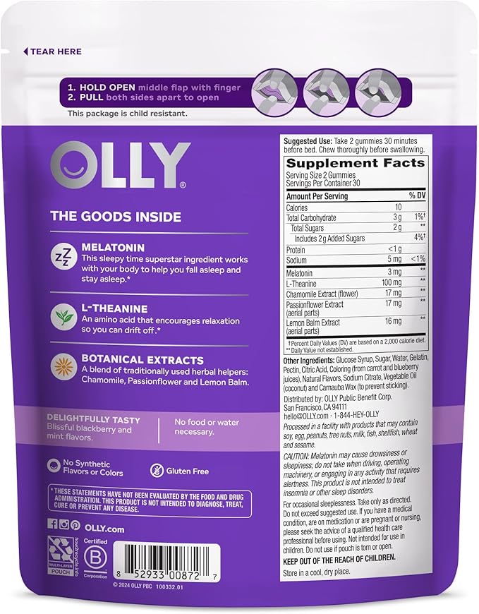 OLLY Sleep Gummy, 3 mg Melatonin, L-Theanine, Chamomile, and Lemon Balm Extracts, Blackberry Flavor, 30 Day Supply - 60 Count (Packaging May Vary)