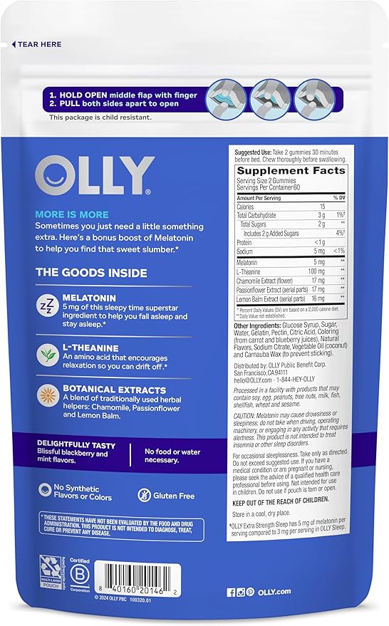 OLLY Extra Strength Sleep Gummy, Occasional Sleep Support, 5 mg Melatonin, L-Theanine, Chamomile, Lemon Balm Extracts, Sleep Aid, BlackBerry Flavor - 120 Count (Packaging May Vary)
