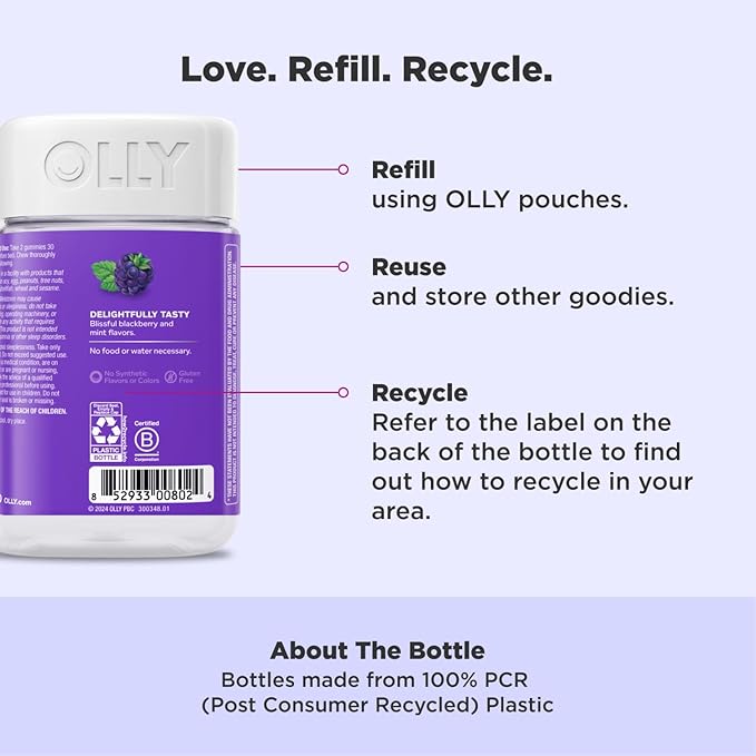 OLLY Sleep Gummy, Occasional Sleep Support, 3 mg Melatonin, L-Theanine, Chamomile, Lemon Balm, Sleep Aid, Blackberry - 70 Count