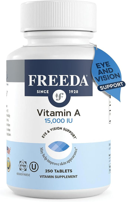 Freeda Kosher Vitamin A Palmitate - Retinyl Palmitate Pure Vitamin A 15,000 IU - Vitamin A Supplement to Support Eye, Vision & Immune Health - Vit A Vitamin Supplements - Vitamina A - 250 Tablets