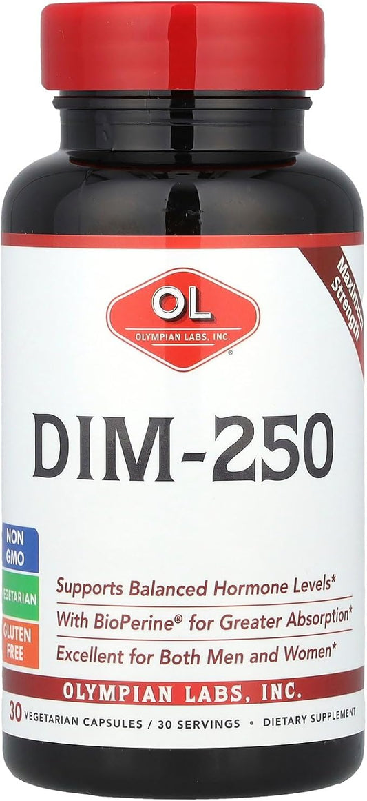 Olympian Labs DIM Supplement 250mg - DIM Diindolylmethane Plus BioPerine 30 Capsule Supply of DIM for Estrogen Balance, Hormone Menopause Relief, Acne Treatment, PCOS, Bodybuilding