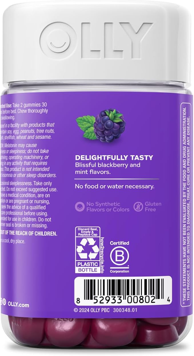 OLLY Sleep Gummy, Occasional Sleep Support, 3 mg Melatonin, L-Theanine, Chamomile, Lemon Balm, Sleep Aid, Blackberry - 70 Count