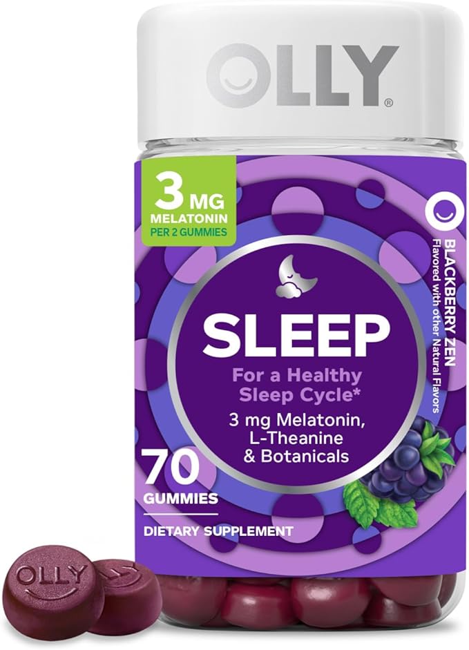 OLLY Sleep Gummy, Occasional Sleep Support, 3 mg Melatonin, L-Theanine, Chamomile, Lemon Balm, Sleep Aid, Blackberry - 70 Count