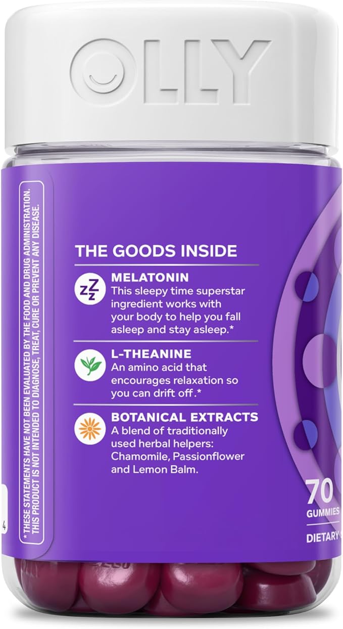 OLLY Sleep Gummy, Occasional Sleep Support, 3 mg Melatonin, L-Theanine, Chamomile, Lemon Balm, Sleep Aid, Blackberry - 70 Count