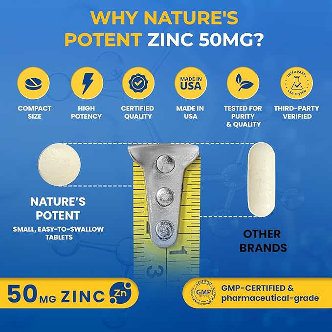 Zinc 50mg [High Potency] Supplement - Immune Support System from Natural Zinc (Oxide/Citrate) 100 Tablets, Made by Nature’s Potent.