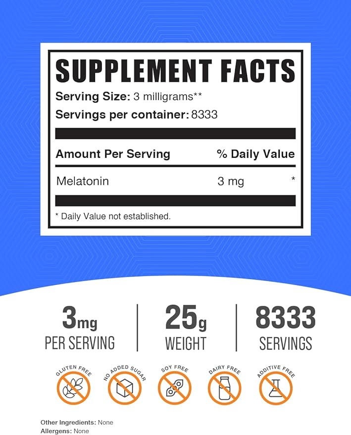 BulkSupplements.com Melatonin Powder - Sleep Supplement, Melatonin for Adults, Melatonin 3 mg - Vegan Melatonin, Pure & Gluten Free, 3mg per Serving, 25g (0.88 oz) (Pack of 1)