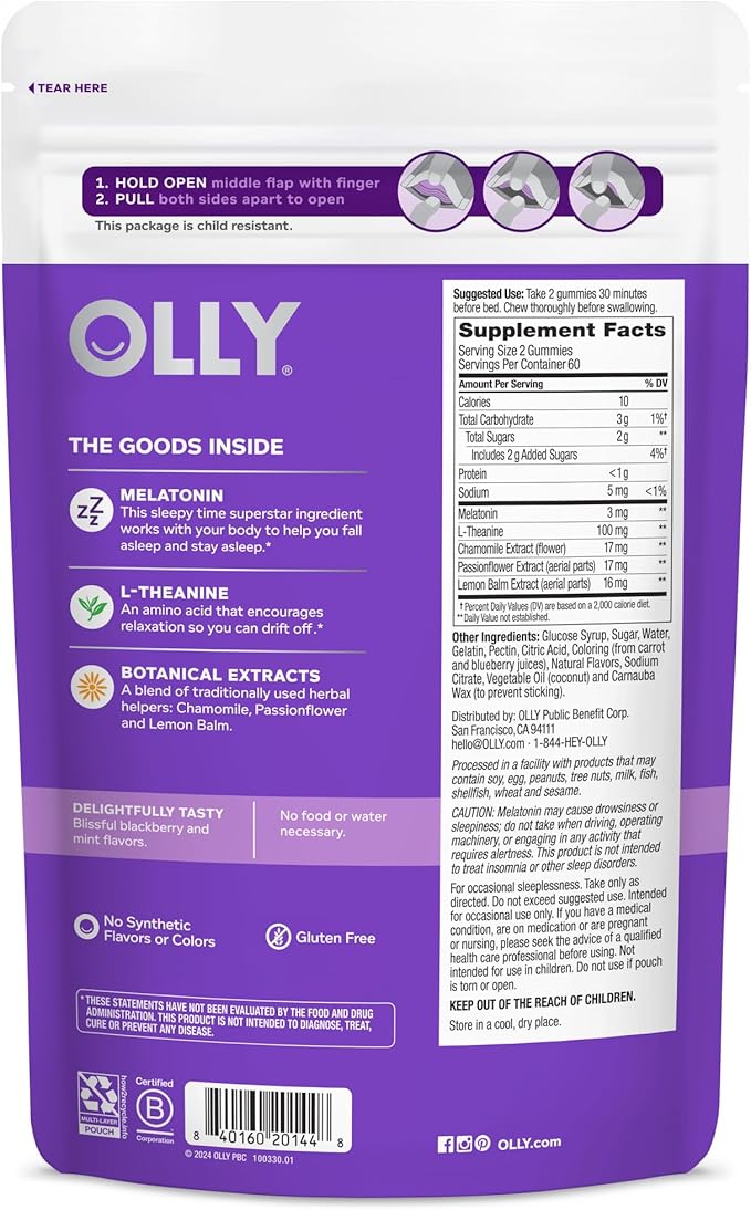 OLLY Sleep Gummy, 3 mg Melatonin, L-Theanine, Chamomile, and Lemon Balm Extracts, BlackBerry Flavor, 60 Day Supply - 120 Count (Packaging May Vary)