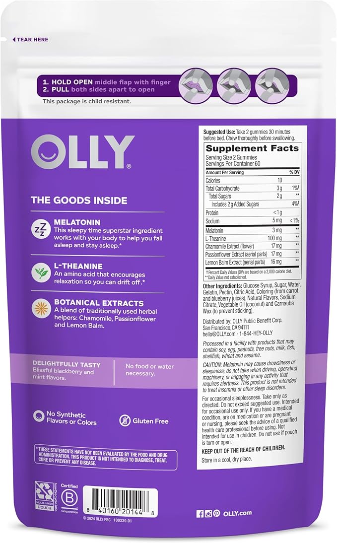 OLLY Sleep Gummy, 3 mg Melatonin, L-Theanine, Chamomile, and Lemon Balm Extracts, BlackBerry Flavor, 60 Day Supply - 120 Count (Packaging May Vary)
