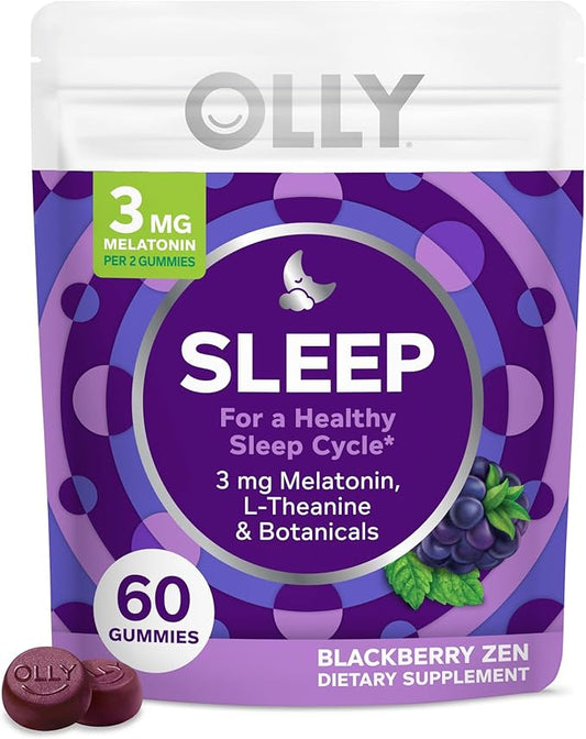 OLLY Sleep Gummy, 3 mg Melatonin, L-Theanine, Chamomile, and Lemon Balm Extracts, Blackberry Flavor, 30 Day Supply - 60 Count (Packaging May Vary)