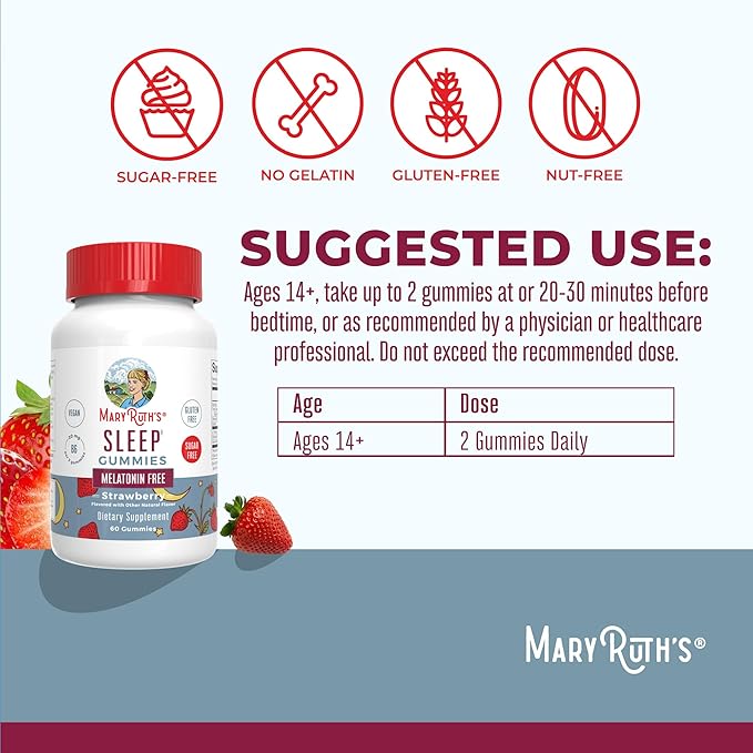 Sleep Gummies by MaryRuth's | Sugar Free | NO Melatonin | L Theanine | Lemon Balm Leaf | Chamomile | Vitamin B6 | Relaxation & Sleep Support | Stress Relief | Vegan | Gluten Free | 60 Count