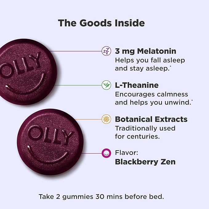 OLLY Sleep Gummy, 3 mg Melatonin, L-Theanine, Chamomile, and Lemon Balm Extracts, BlackBerry Flavor, 60 Day Supply - 120 Count (Packaging May Vary)