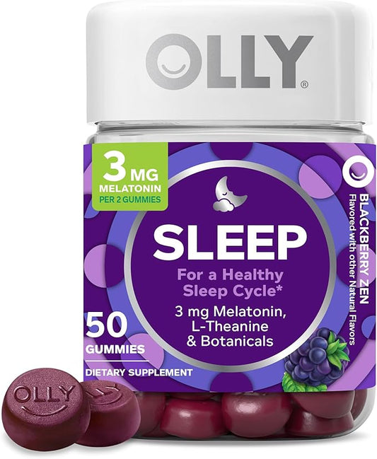 OLLY Sleep Gummy, Occasional Sleep Support, 3 mg Melatonin, L-Theanine, Chamomile, Lemon Balm, Sleep Aid, Blackberry, 50 Count