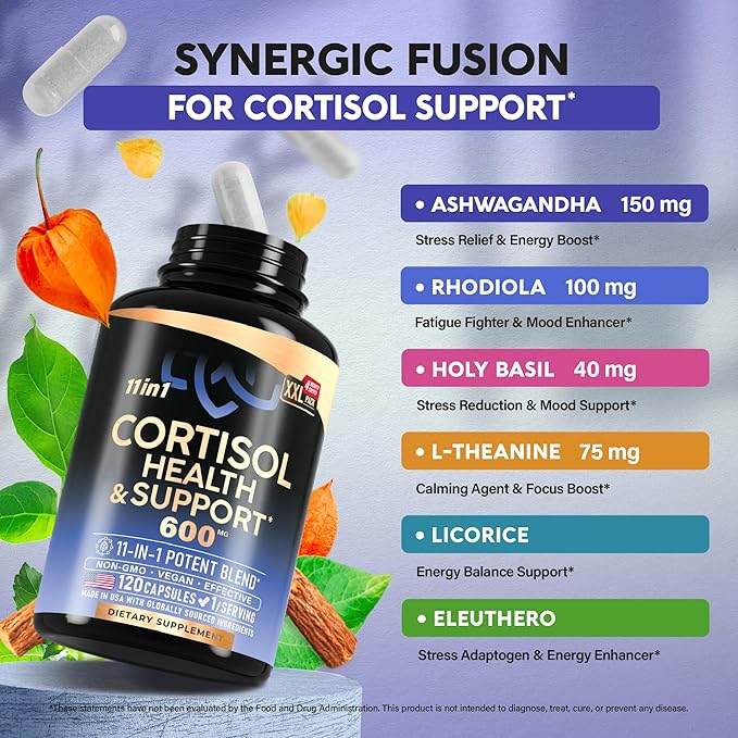 Cortisol Supplement - 11 in 1 Hormone Balance for Women - Made in USA Supplement - Mood, Focus, Sleep Support - Vegan, Non-GMO, Natural Pills - 120 Capsules