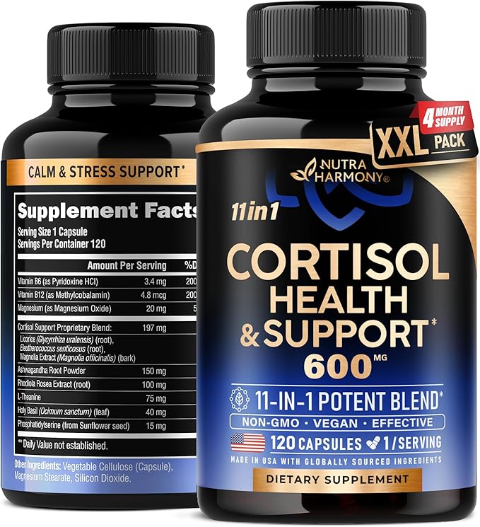 Cortisol Supplement - 11 in 1 Hormone Balance for Women - Made in USA Supplement - Mood, Focus, Sleep Support - Vegan, Non-GMO, Natural Pills - 120 Capsules