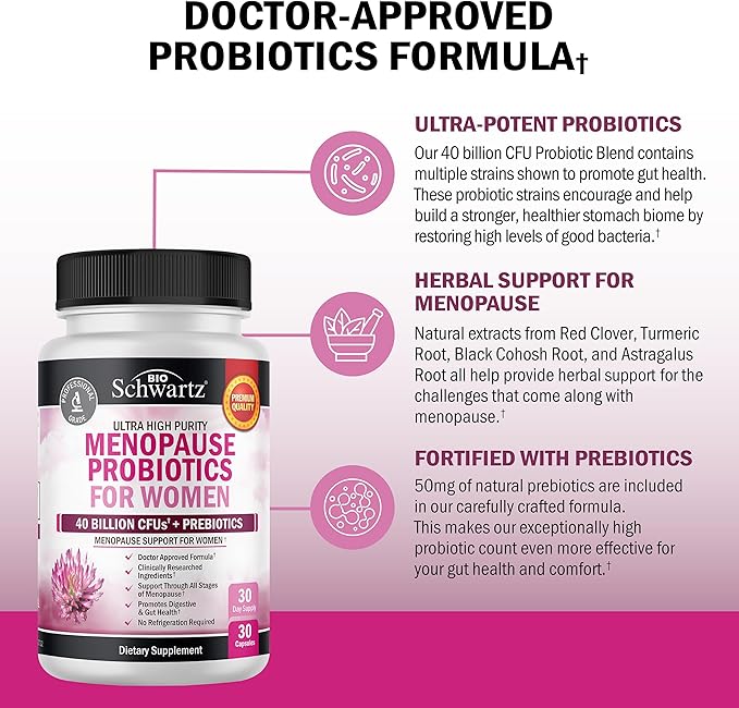 Menopause Supplements for Women - 40 Billion CFU Menopause Probiotics for Women - Menopause Support for Hot Flashes Night Sweats Mood Swings and Hormone Balance - Non-GMO, 30 Count, 30 Servings